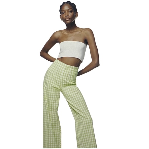 NEW ZARA Gingham Green White Wide-Leg High Rise Pant Emily in Paris Parisian XS - Picture 14 of 14